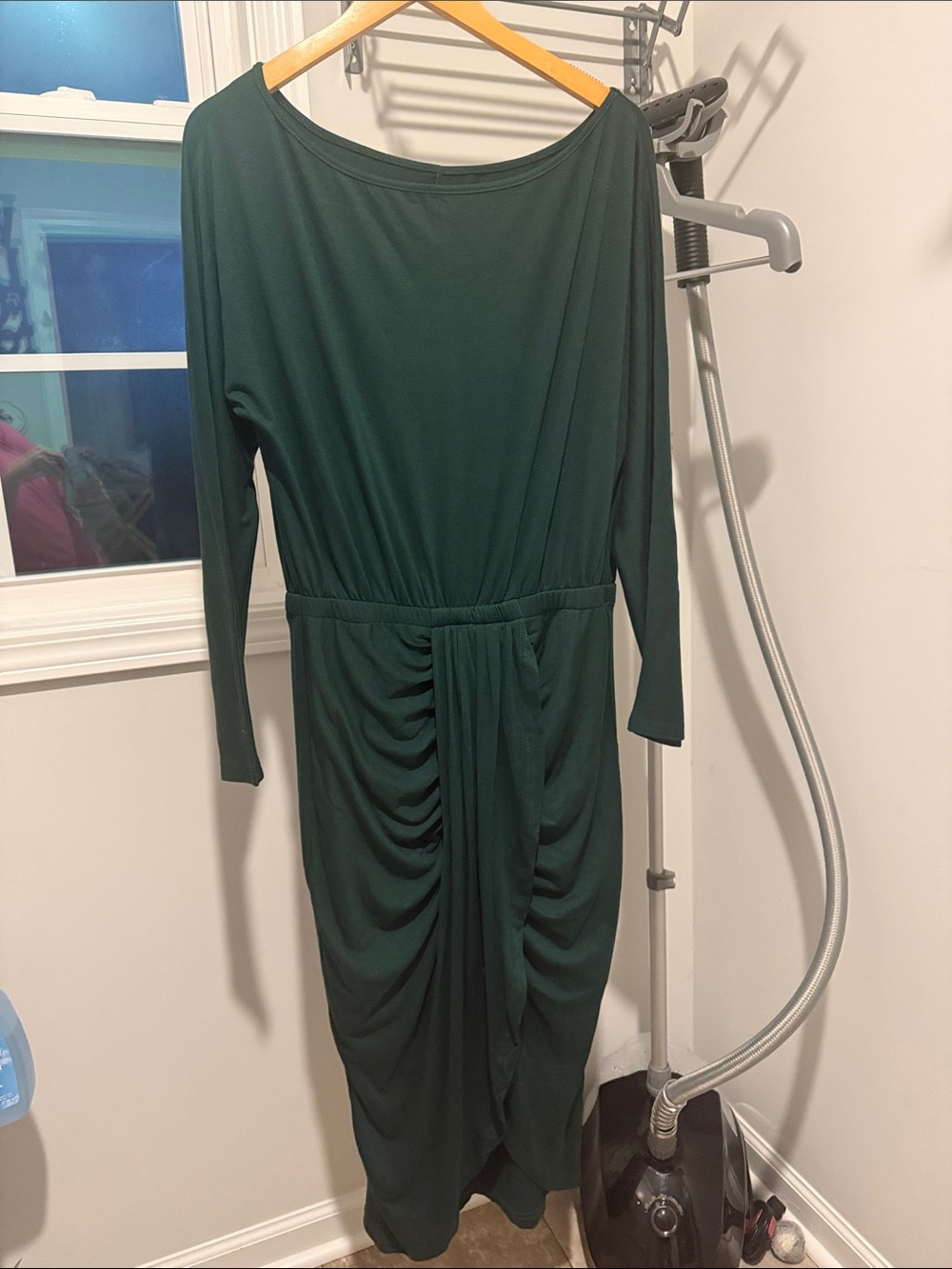 Women's Dark Green Long Sleeve Ruched Midi Dress